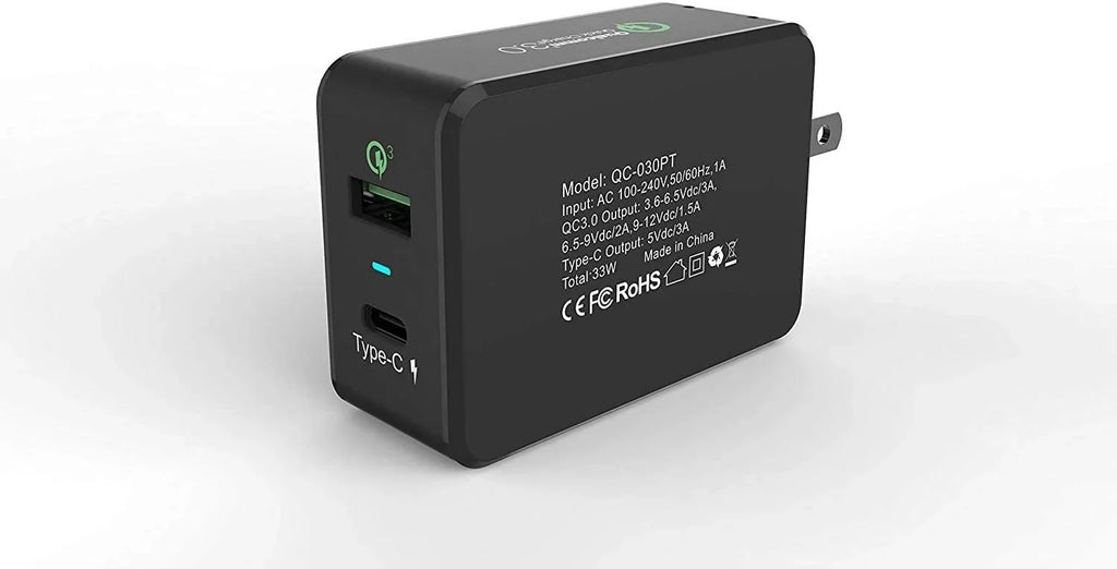 Professional 33W QC 3.0 Compatible with Xperia XA/P/Z5/Z3/Z3v/Z2/E5 Quick Adaptive Fast Charge 3.0 with Folding Blade Plus Both MicroUSB/Type-C Cables [Black/UL Certified]