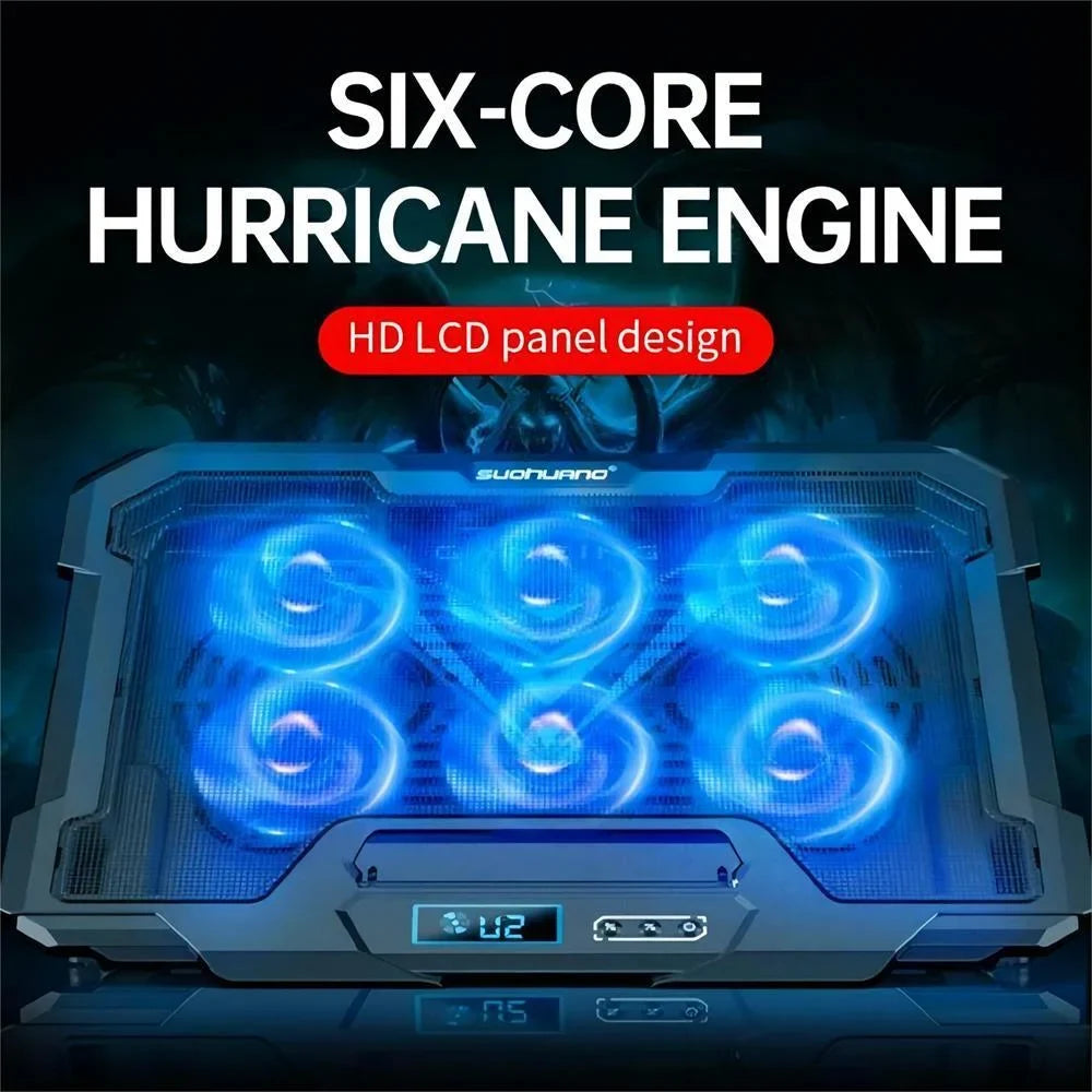 12-17.3 inch Notebook Cooling Pad Gaming Mobile pc Cooler, Adjustable Height Notebook Fan Cooling Stand with 6 Quiet Cooling Fans for Notebook,2 USB Port & LCD Display