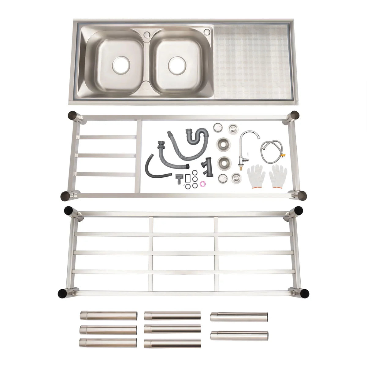 Aiqidi Commercial Stainless Steel Sink Double Bowl Freestanding Restaurant Kitchen Prep & Utility Sink Basin with Channel