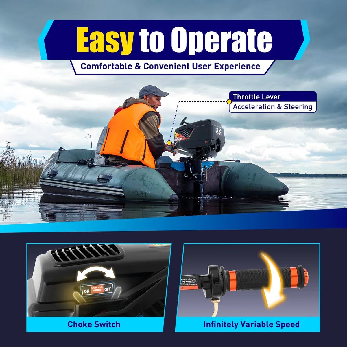 2 Stroke 3.6 Gasoline Outboard Motor, 55cc Fishing Boat Engine with Fluid Cooling System Clutch Control Black