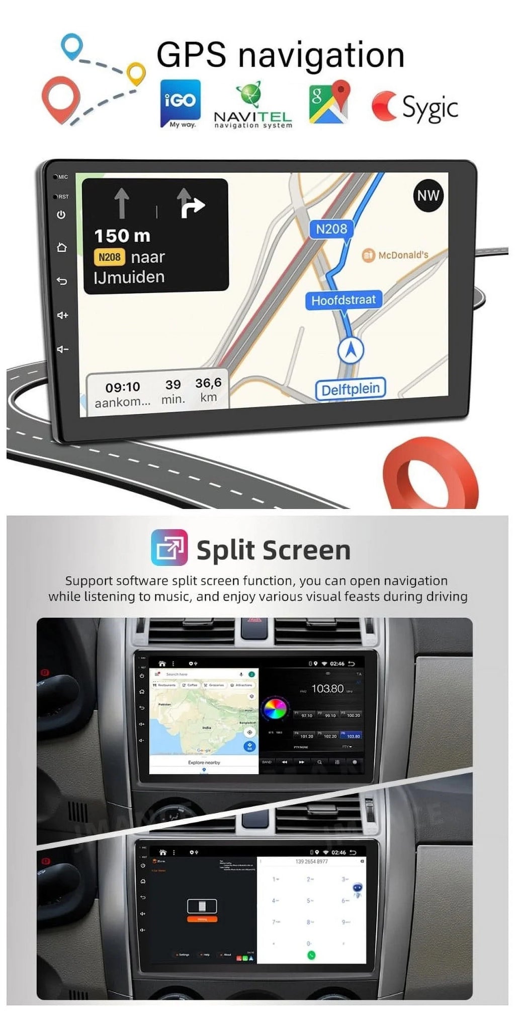 Android 2+32GB Car Stereo Wireless Carplay Android Auto Double Din Radio 10.1" 1280*720 IPS Display WiFi GPS Navigation Bluetooth USB FM/RDS Receiver AHD Backup Camera