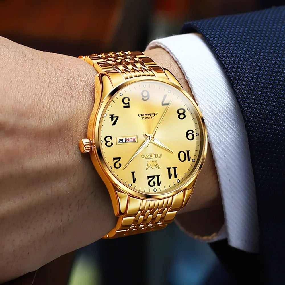 OLEVS Gold Watch for Men Self Winding Large Face Arabic Numerals Dial Easy Reader Liquid Reloj Para Hombre, Gifts for Men, Male Adult Wristwatch