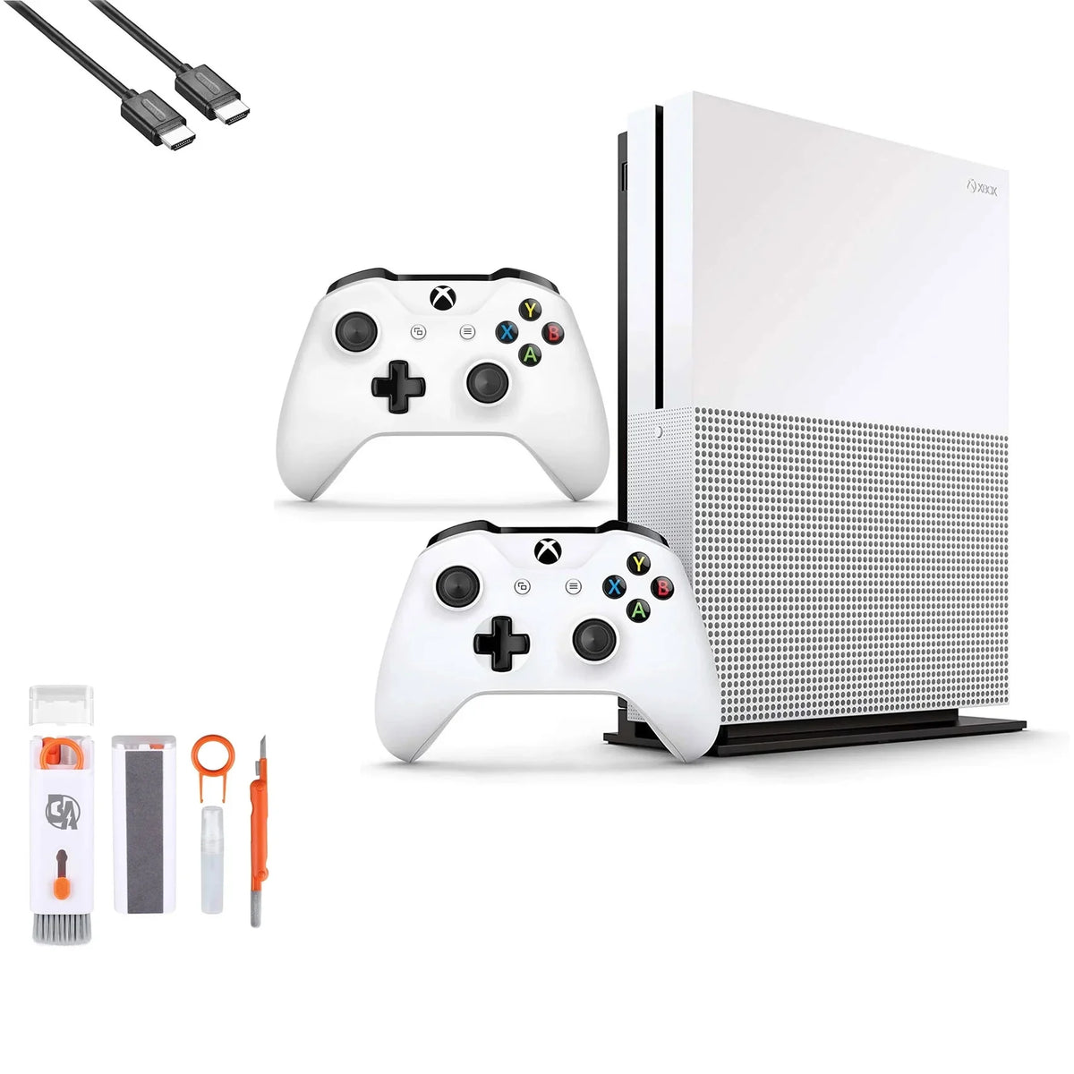 Xbox One S 1TB with 2 Controller, 4K Ultra HD White with BOLT AXTION Cleaning Kit HDMI Bundle Like New
