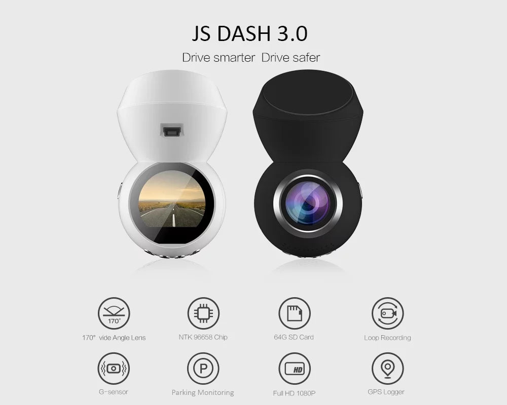 JS Dash 3.0 (BLACK) - Plug & Play Dash Cam- Full HD 1080p Dashcam w/ Parking Monitor & 1.22" LED Monitor & GPS *NEW & IMPROVED*