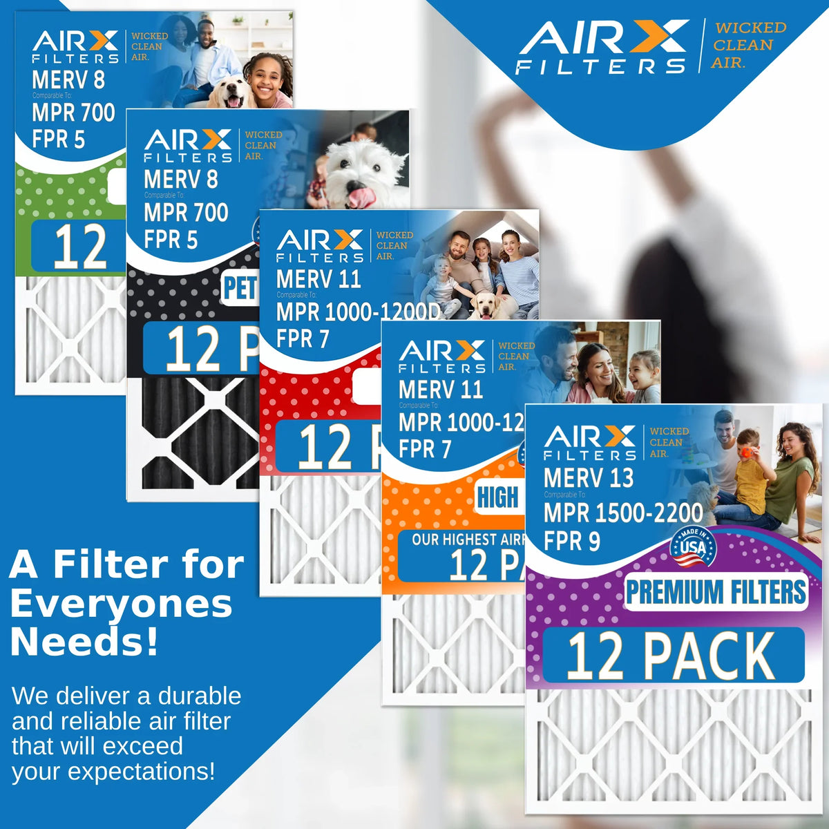 12x30x1 Air Filter MERV 8 Rating, 12 Pack of Furnace Filters Comparable to MPR 700 & FPR 5 - Made in USA by AIRX FILTERS WICKED CLEAN AIR.