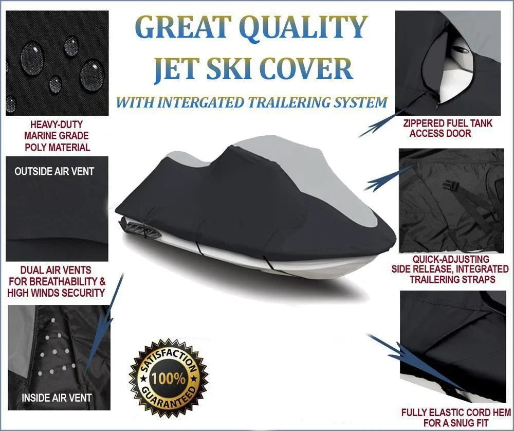 SUPER HEAVY-DUTY PWC JetSki Cover Compatible for KAWASAKI 300 LX Cruiser 2011-2015 Jet Ski Liquid Cover Black/Grey