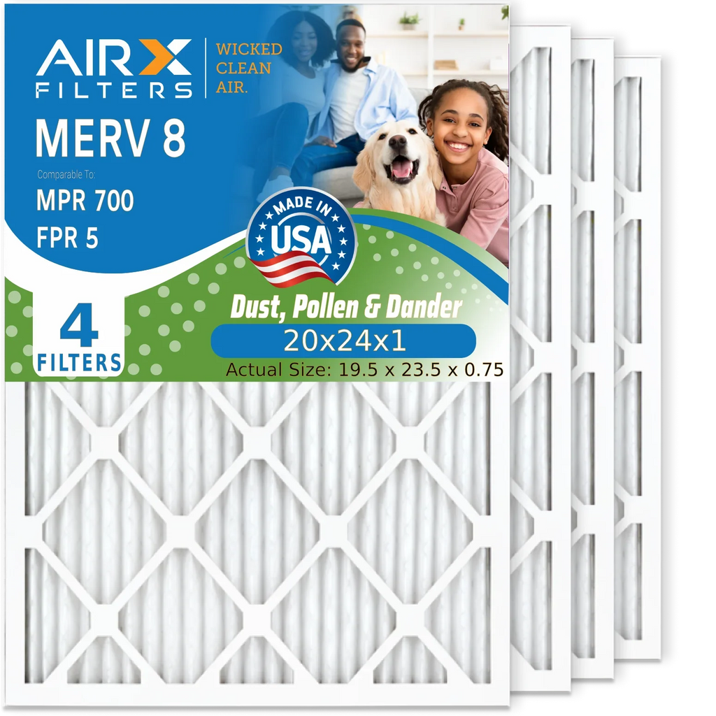 20x24x1 Air Filter MERV 8 Comparable to MPR 700 & FPR 5 Electrostatic Pleated Air Conditioner Filter 4 Pack HVAC AC Premium USA Made 20x24x1 Furnace Filters by AIRX FILTERS WICKED CLEAN AIR.