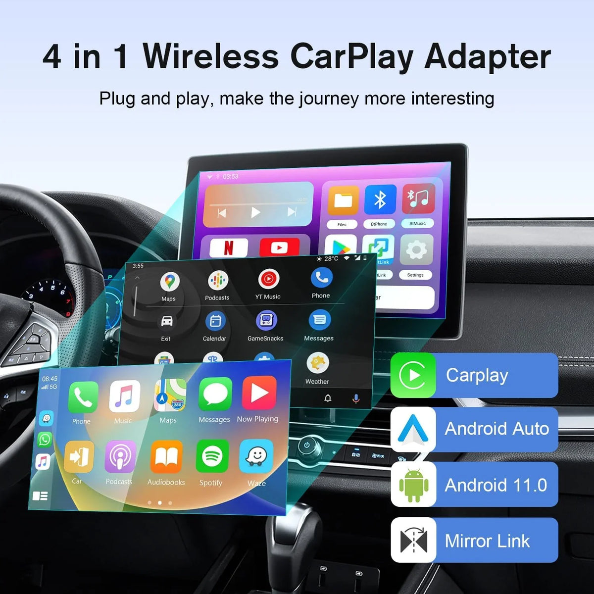 [2024 Newest] The Drivebox Pro for Car Autoflix,4 in 1 Android Auto Wireless Adapter & CarPlay Wireless Adapter with Monitor Mirroring, Magic Link CarPlay Box Stream to Your Car