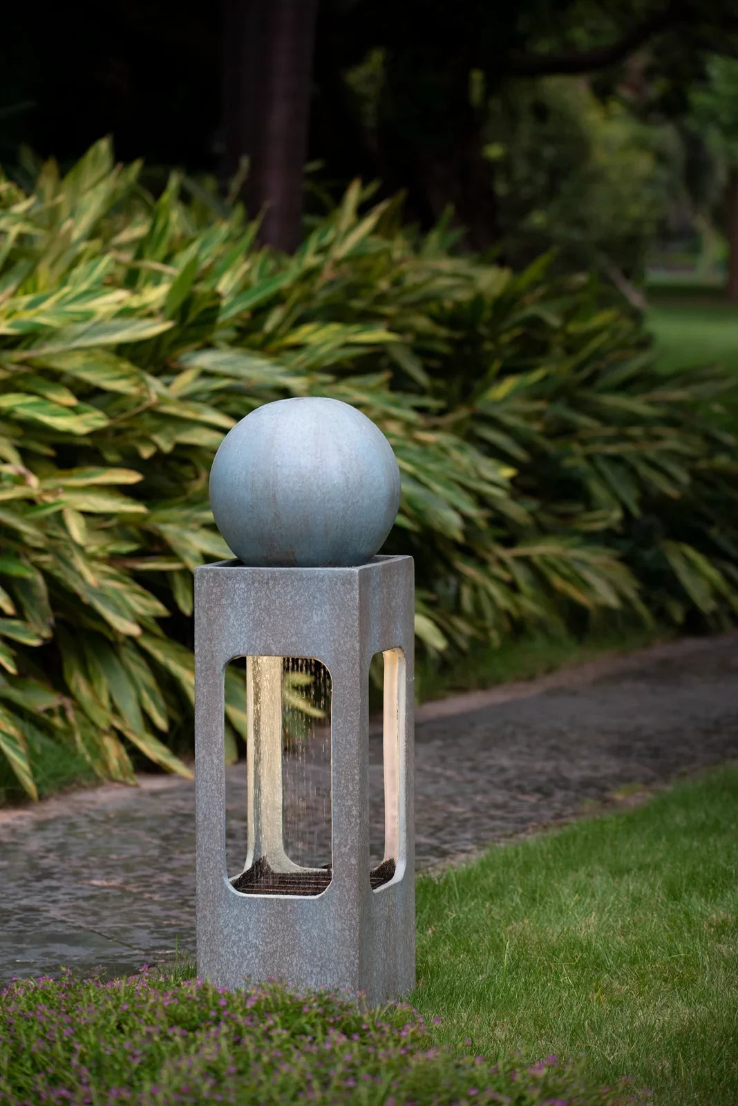 CoSoTower 13X13X44" Tall Contemporary Sphere Outdoor Liquid Fountain, Cement/Concrete Outdoor Fountain, Antique Blue Raindrop Fluid Feature with Light for Garden, Lawn, Deck & Patio