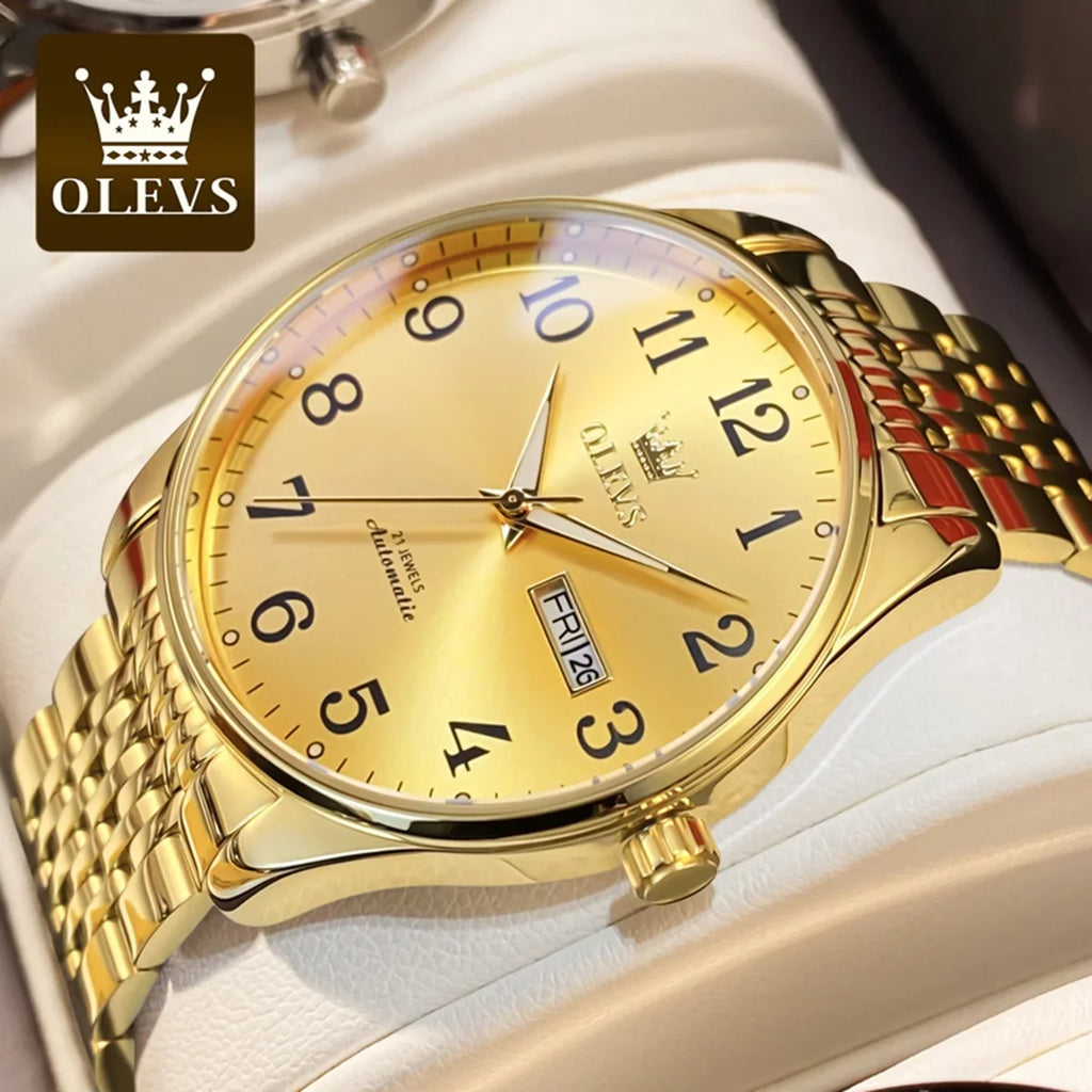 OLEVS Gold Watch for Men Self Winding Large Face Arabic Numerals Dial Easy Reader Liquid Reloj Para Hombre, Gifts for Men, Male Adult Wristwatch
