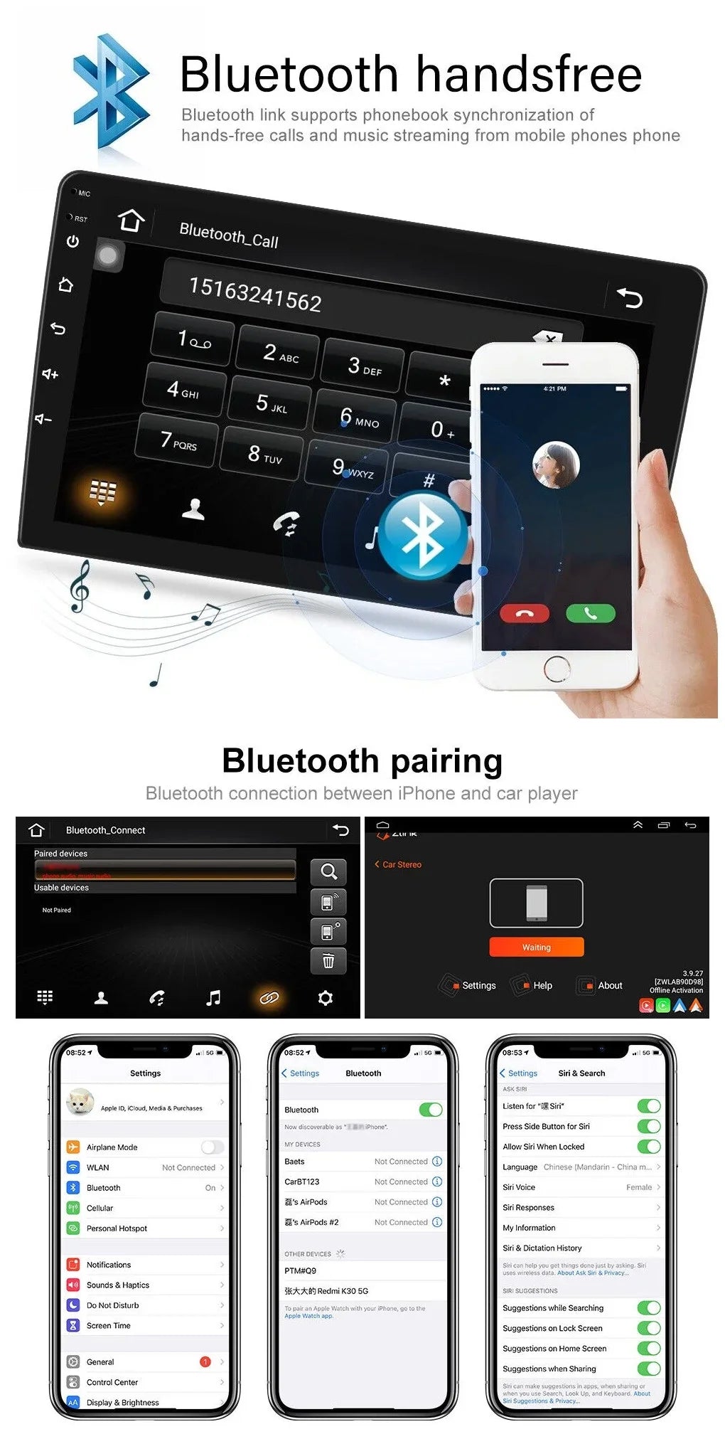 Android 2+32GB Car Stereo Wireless Carplay Android Auto Double Din Radio 10.1" 1280*720 IPS Display WiFi GPS Navigation Bluetooth USB FM/RDS Receiver AHD Backup Camera