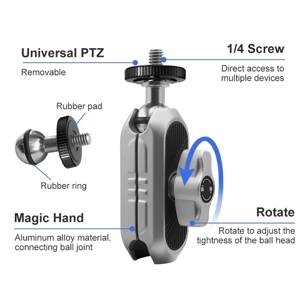 Aluminum Alloy Camera Mount Clamp - Bicycle Handlebar Adapter, 1.5kg Load Capacity, Dual Rotatable Ball Head, Adapter, Compatible with AKASO, DJI, Hero 11/10/9/8/7, Insta360