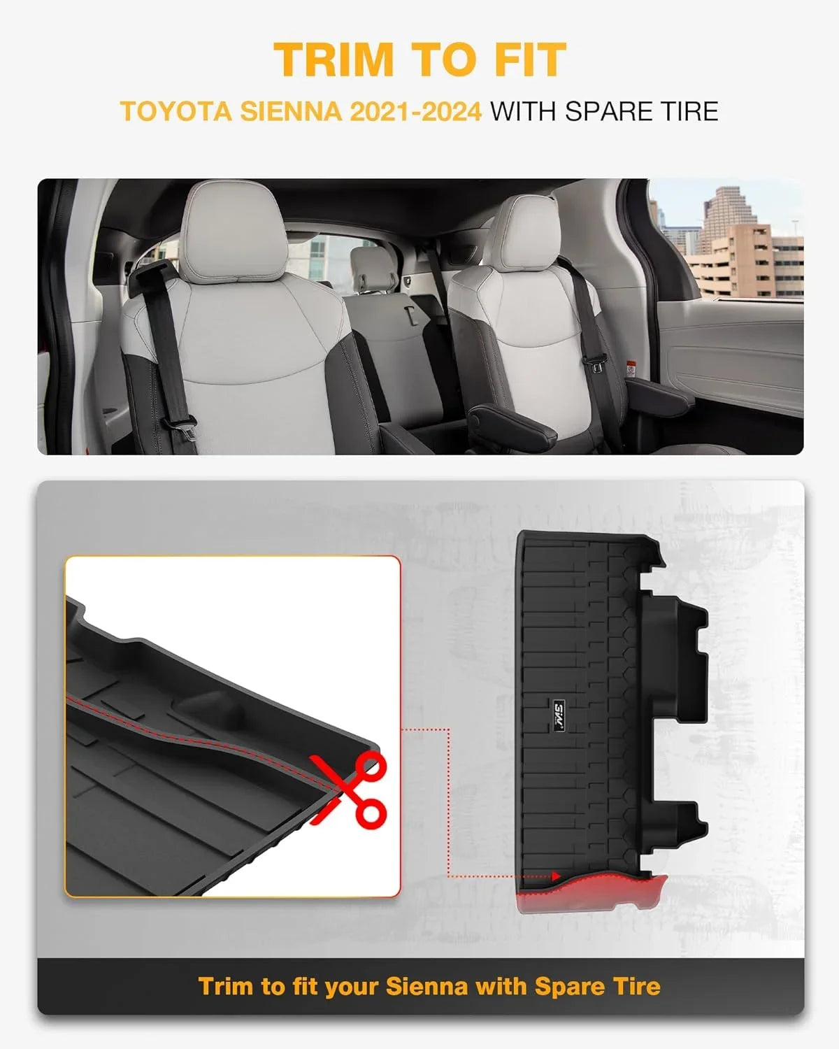 3W Floor Mats&Cargo Liner for Toyota Sienna 2021-2024 8 Seater TPE 1st 2nd and 3rd Row with Trunk Mat (NOT for Spare Tire Model ), Black All Weather Car Mats
