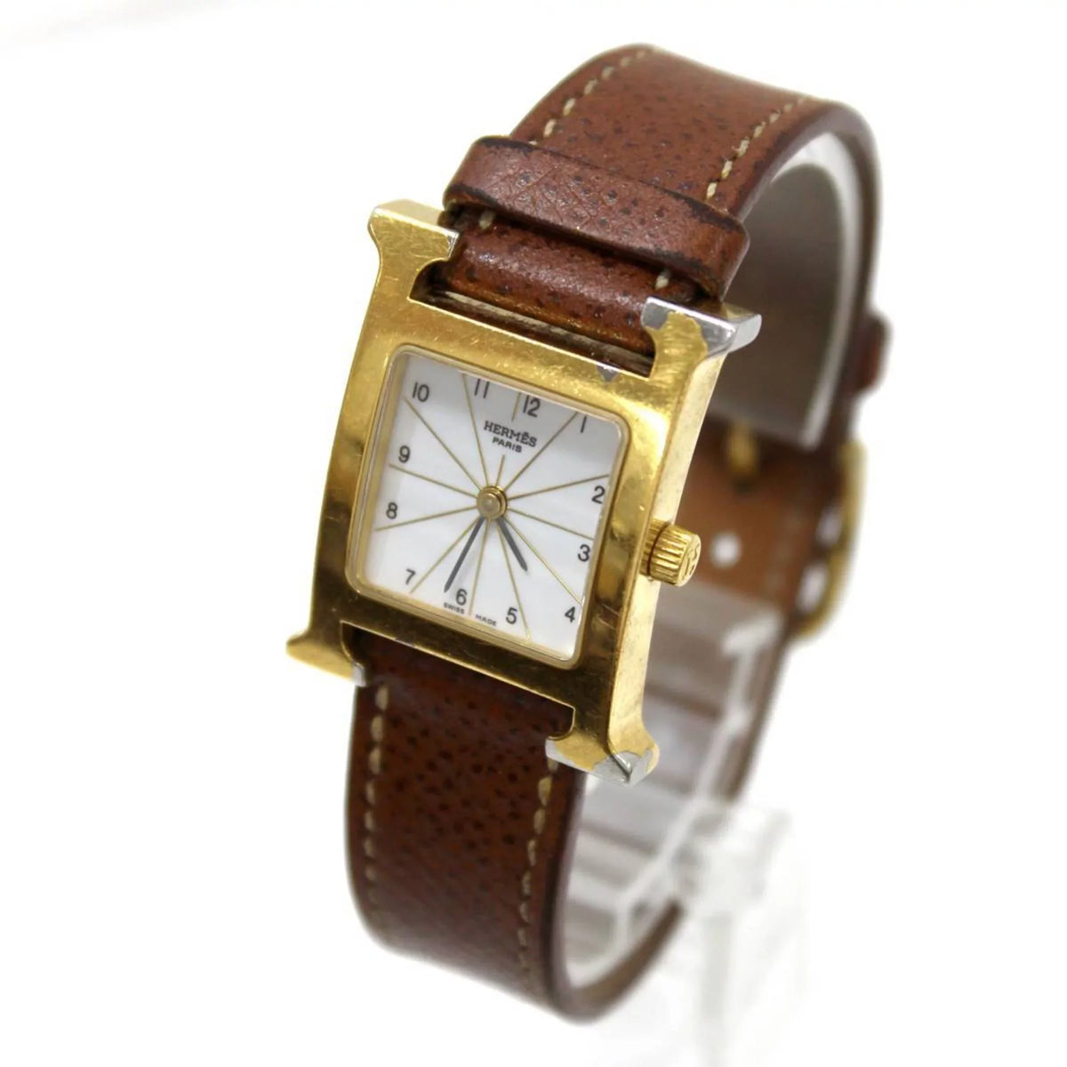 Pre-Owned HERMES Hermes H Watch Ladies Quartz Gold x Brown Dial: White HH1.201 □G (Good)