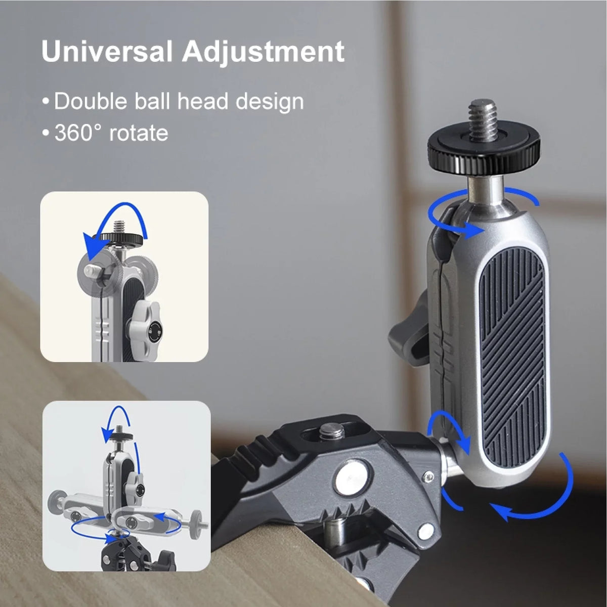 Aluminum Alloy Camera Mount Clamp - Bicycle Handlebar Adapter, 1.5kg Load Capacity, Dual Rotatable Ball Head, Adapter, Compatible with AKASO, DJI, Hero 11/10/9/8/7, Insta360