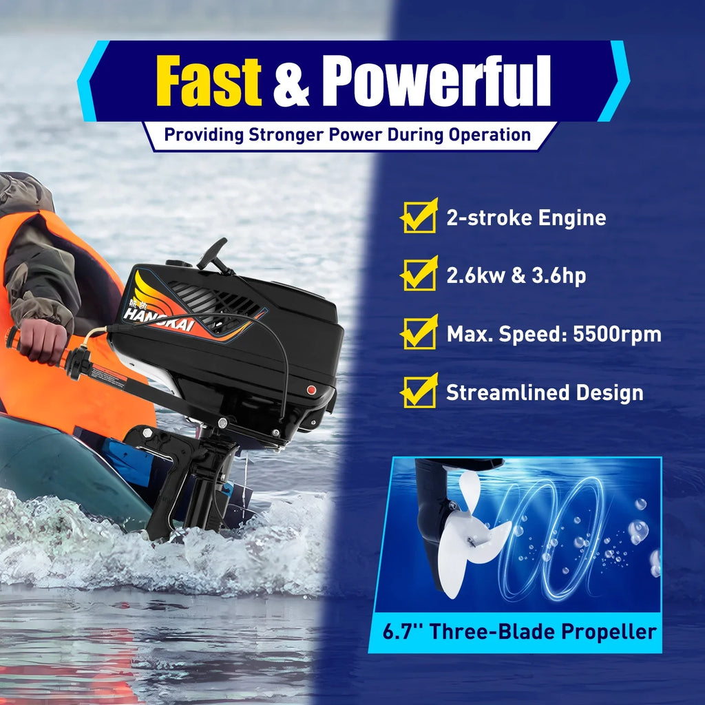 2 Stroke 3.6 Gasoline Outboard Motor, 55cc Fishing Boat Engine with Fluid Cooling System Clutch Control Black