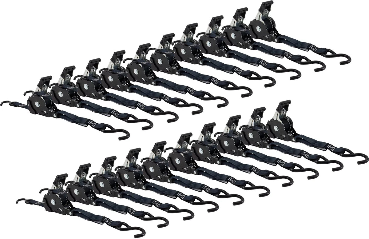 Auto Retract NO-RATCHETING Ratchet Straps | 1" x 12' Retractable Ratchet Straps with Coated S Hook Tiedowns for Motorcycles, ATVs, Bikes: Tight & Secure Pickup Trailer Tie-Down - 20 Pack