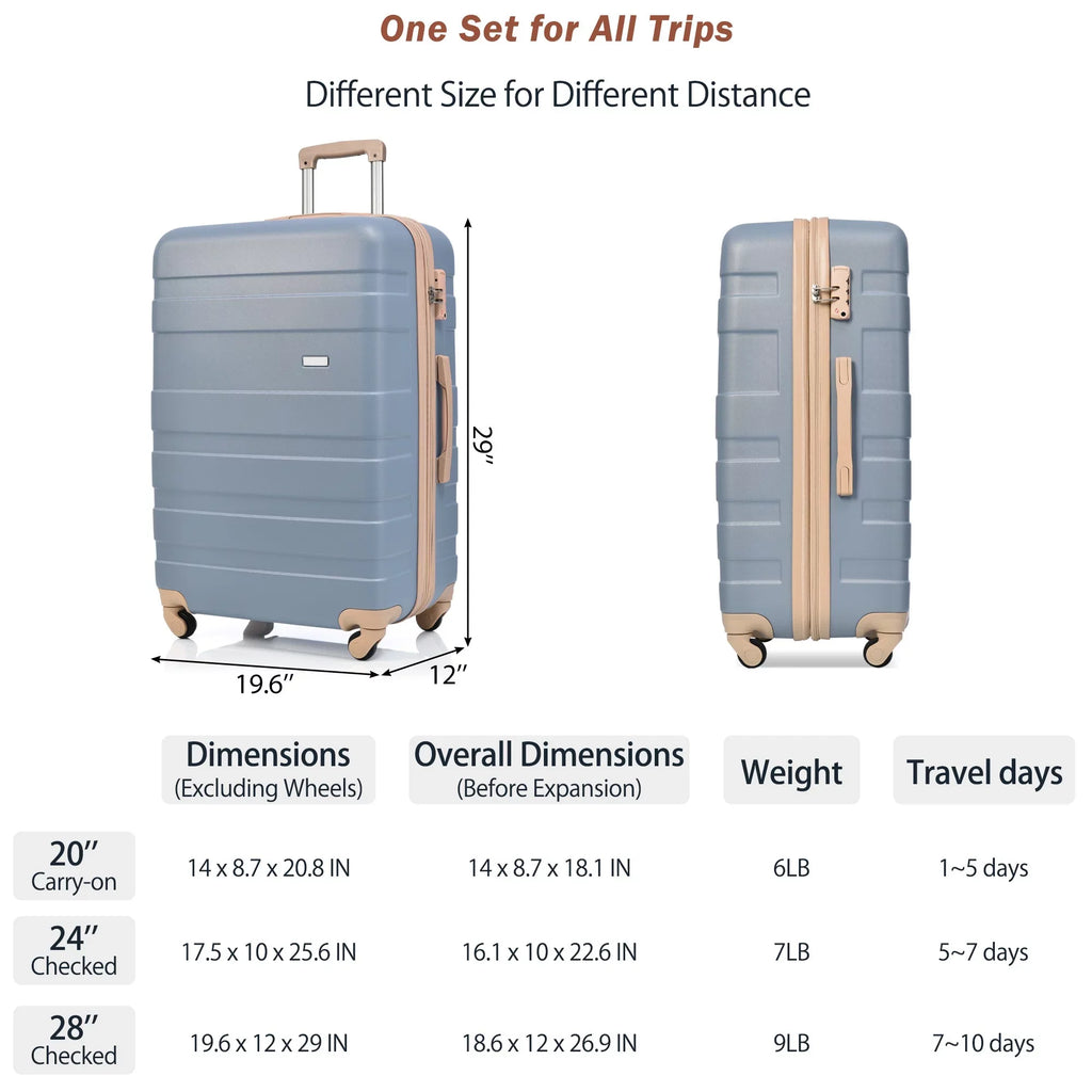 Tenozek 3 Piece Luggage Sets Expandable ABS Hardshell Luggage Hardside Lightweight Sturdy Suitcase Spinner Wheels Suitcase with TSA Lock 20''24''28'' ( Light Blue)