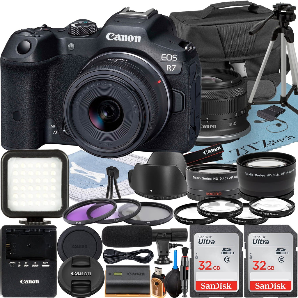 EOS R7 Mirrorless Camera with RF-S 18-45mm Lens + Mount Adapter + 2 Pack SanDisk 32GB Memory Card + Case + ZeeTech Accessory