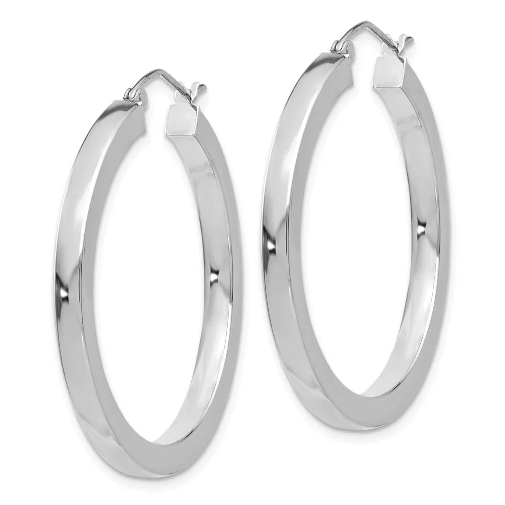 Real 14kt White Gold 3mm Polished Princess Square Tube Hoop Earrings; for Adults and Teens; for Women and Men