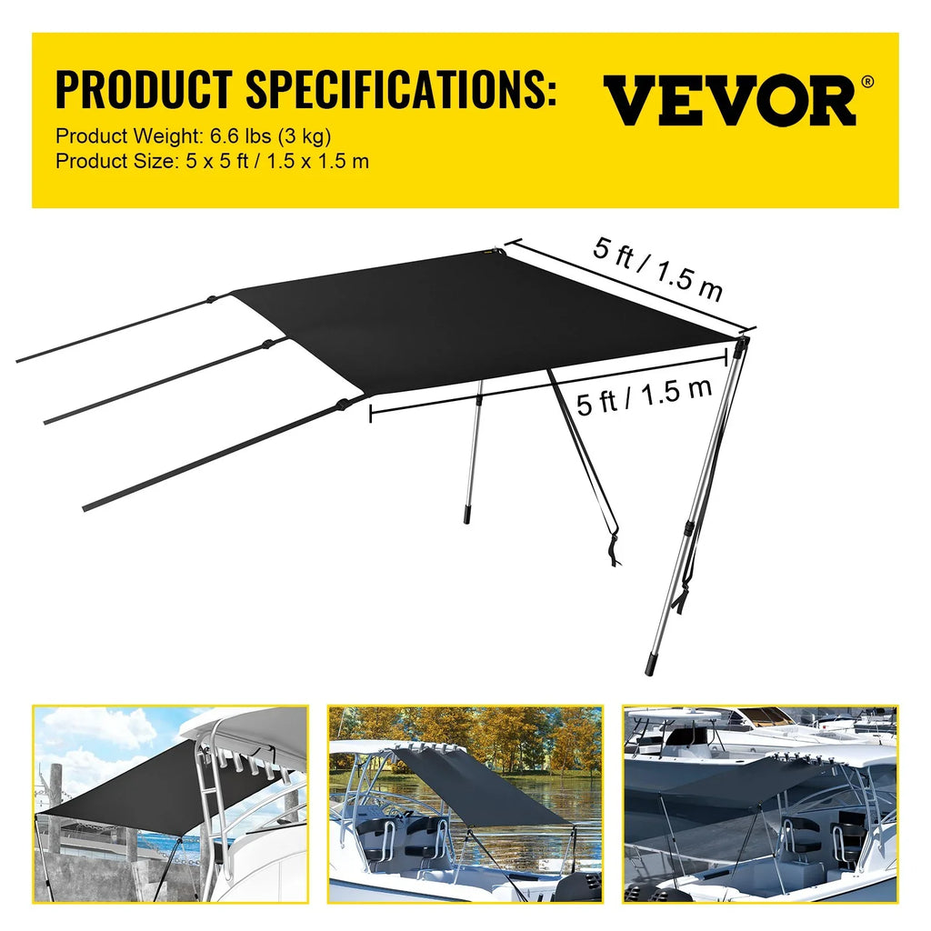 VEVOR 5'x5' UV-Proof T-Top Sun Shade Kit - 600D Polyester with Rustproof Telescopic Steel Poles, Liquid Easy Assembly for T-Tops & Bimini Tops