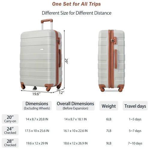 Luggage Sets New Model Expandable ABS Hardshell 3pcs Clearance Luggage Hardside Lightweight Sturdy Suitcase sets Spinner Wheels Suitcase with TSA Lock 20''24''28''( Light Grey and Brown)
