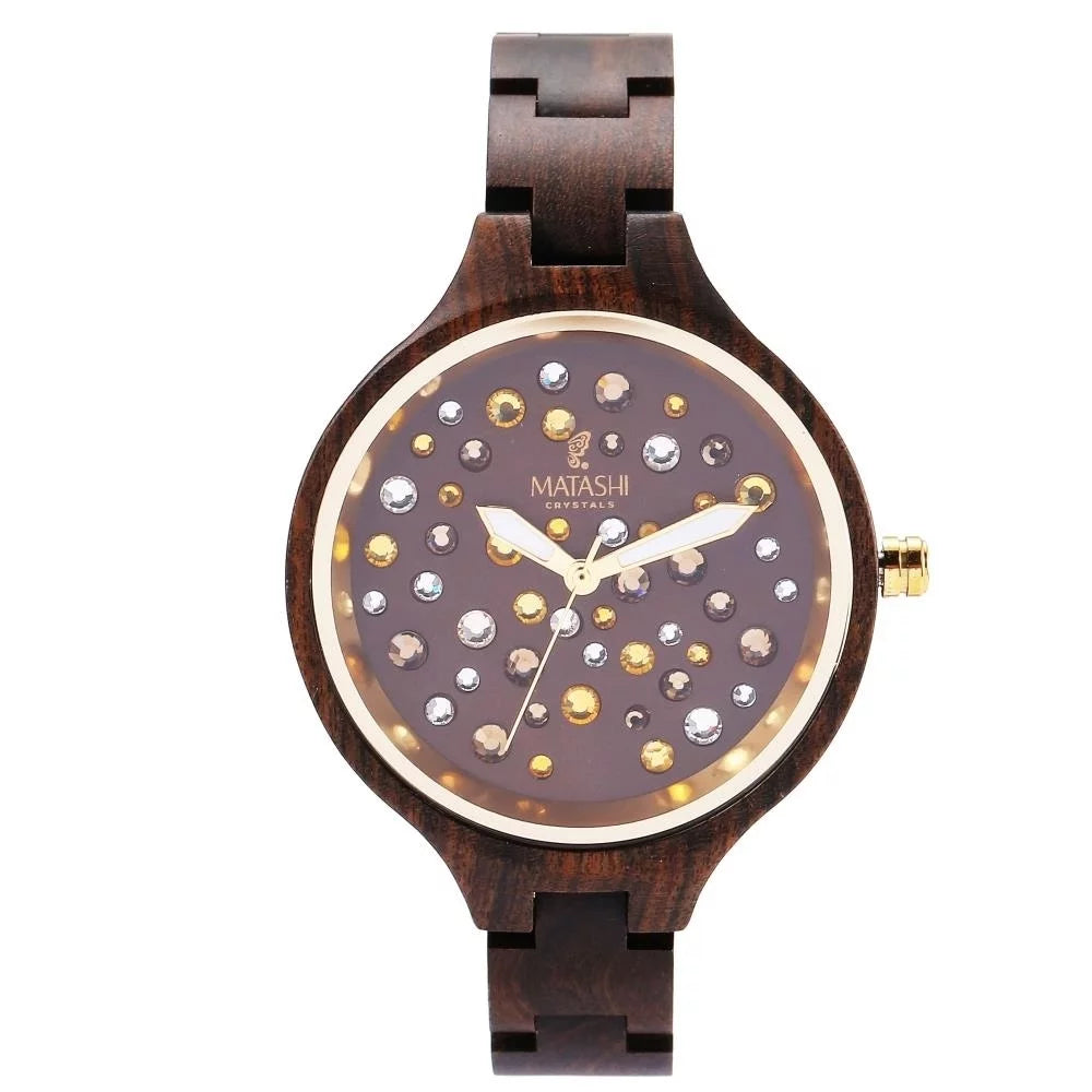 Womens Brown Salwood Watch with Crystals, Gold Bezel, Business Casual, Swiss Ronda Movement, 1ATM Fluid Resistant MTJW13040