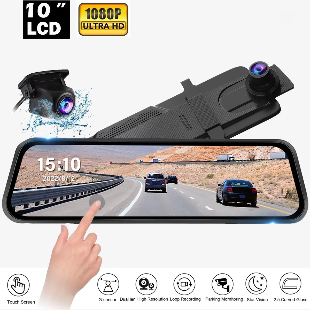 Erago Rear View Mirror Camera Kit:Rear view mirror dash cam Front and Rear FHD 1080P for Car with 10" Full Touch Display Fluid Backup WDR Camera, Night Vision, G-Sensor, Parking Moniter