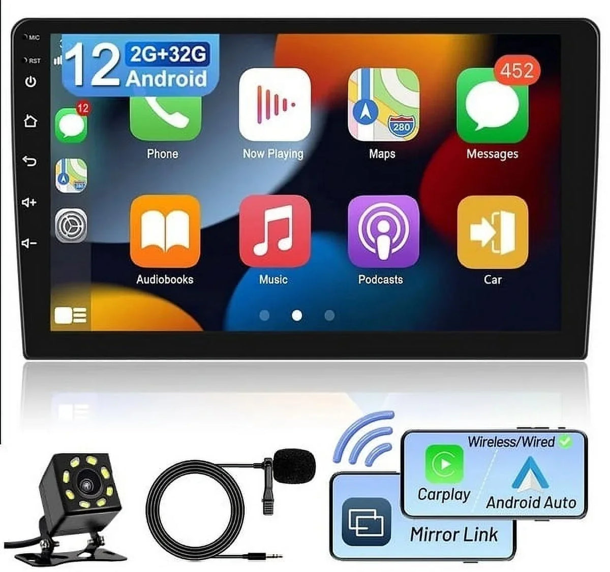 Android 2+32GB Car Stereo Wireless Carplay Android Auto Double Din Radio 9" 1280*720 IPS Monitor WiFi GPS Navigation Bluetooth USB FM/RDS Receiver AHD Backup Camera