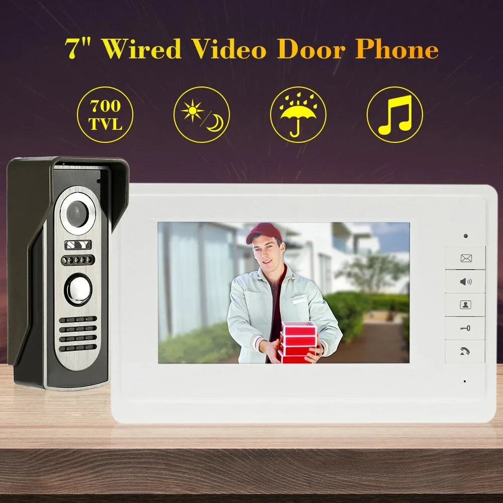 OWSOO 7” Wired Video Door Phone System Visual Doorbell with Indoor Monitor and Outdoor support Unlock Infrared Night View Rainproof for Home