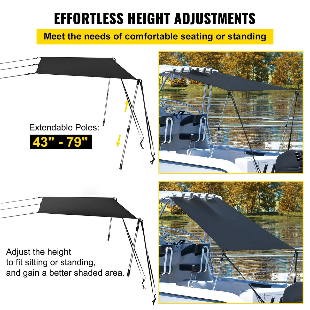 VEVOR 5'x5' UV-Proof T-Top Sun Shade Kit - 600D Polyester with Rustproof Telescopic Steel Poles, Liquid Easy Assembly for T-Tops & Bimini Tops