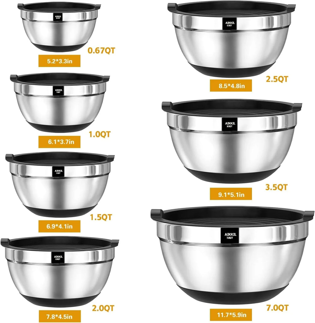 AIKKIL Mixing Bowls with Airtight Lids, 20 piece Stainless Steel Metal Nesting Bowls, Non-Slip Silicone Bottom, Size 7, 3.5, 2.5, 2.0,1.5, 1,0.67QT Great for Mixing, Baking, Serving (Black)